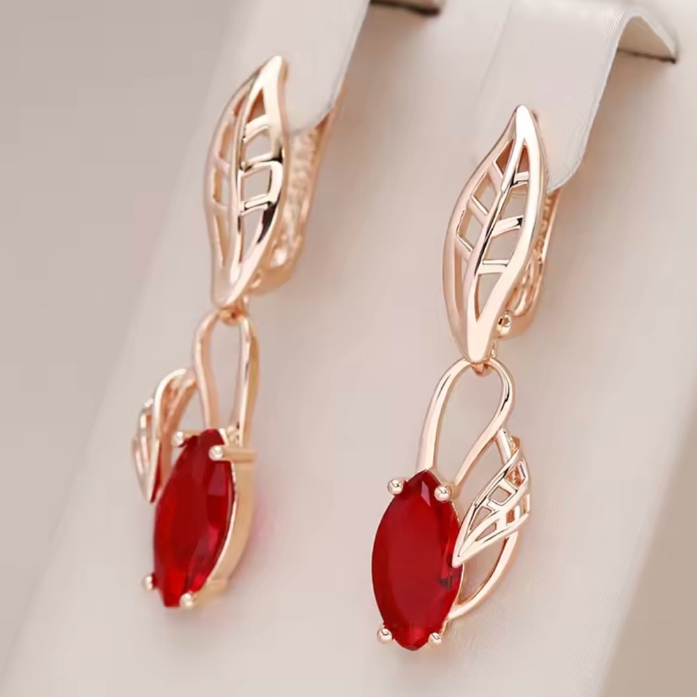 Red Marquise Stone Pendant Hollow Leaf Hoop Earrings